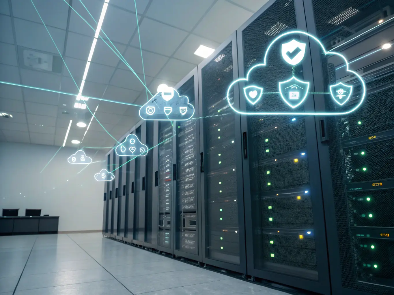 A detailed architectural diagram illustrating NimbusTech's cloud architecture design service, showcasing interconnected servers, data storage solutions, and security protocols.