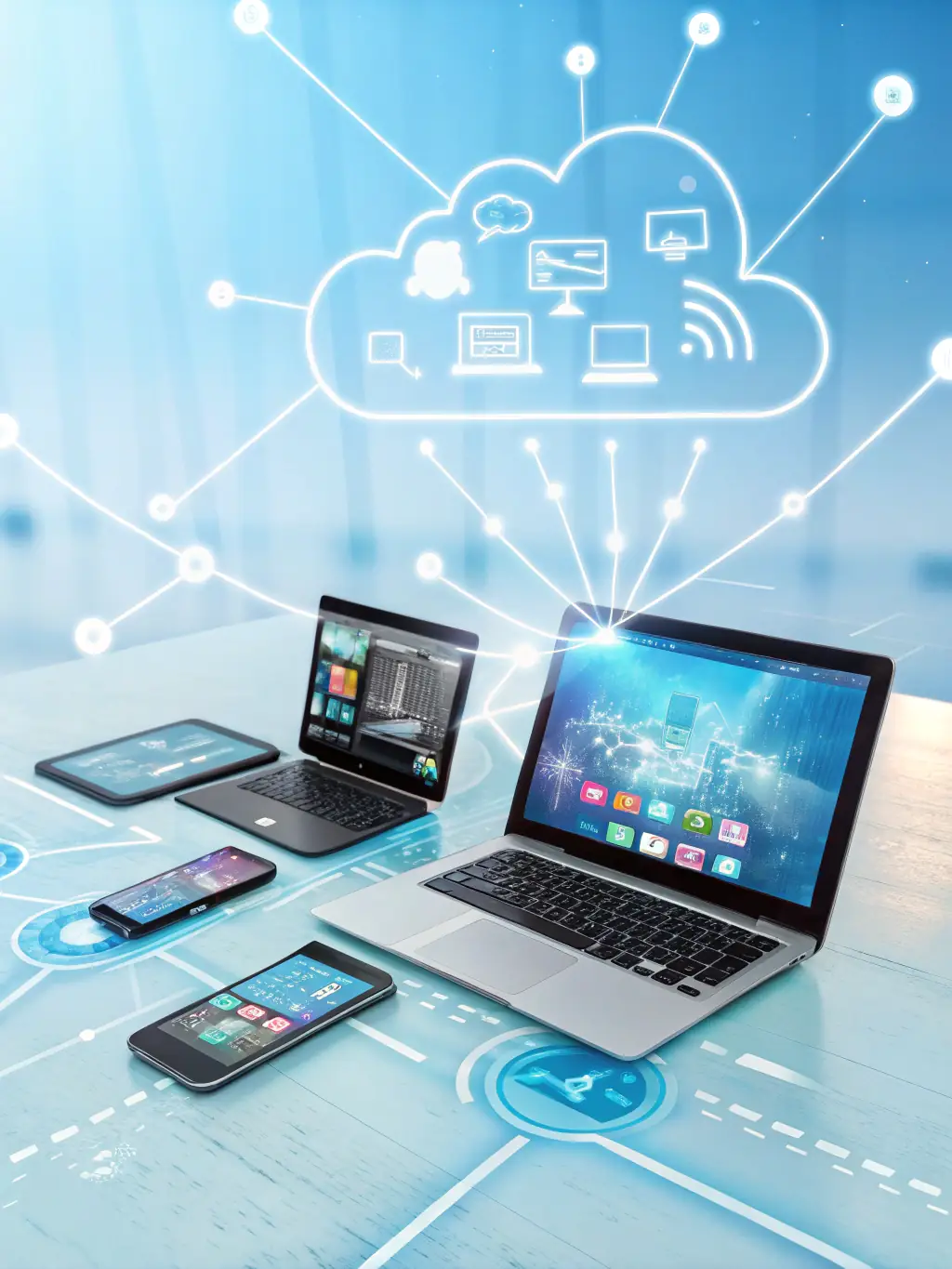 A graphic depicting various devices (laptops, tablets, smartphones) syncing seamlessly with a cloud icon, showcasing accessibility and synchronization.