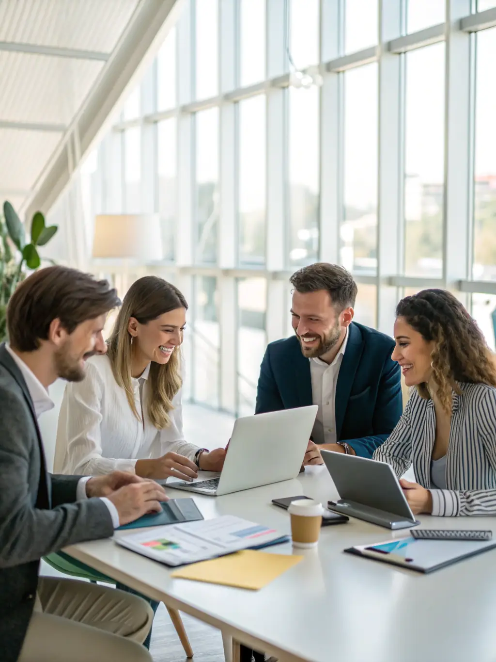 An image of a team collaborating on laptops with a cloud storage interface displayed on one of the screens, highlighting teamwork and accessibility.