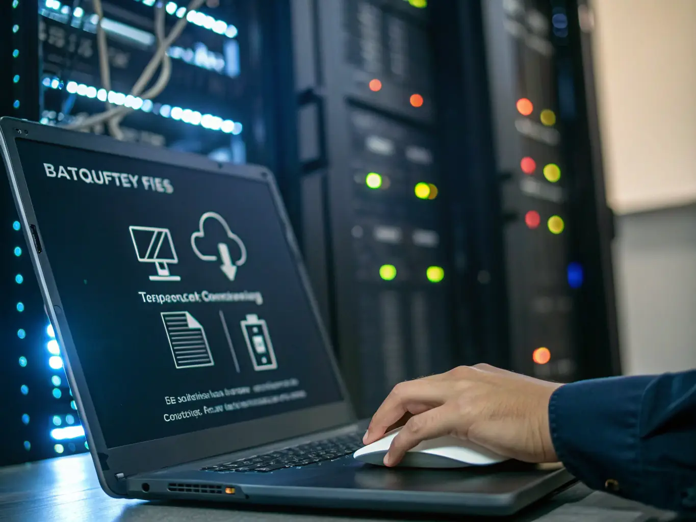 An image depicting data being securely backed up and transferred to a cloud storage solution, emphasizing data protection and disaster recovery.