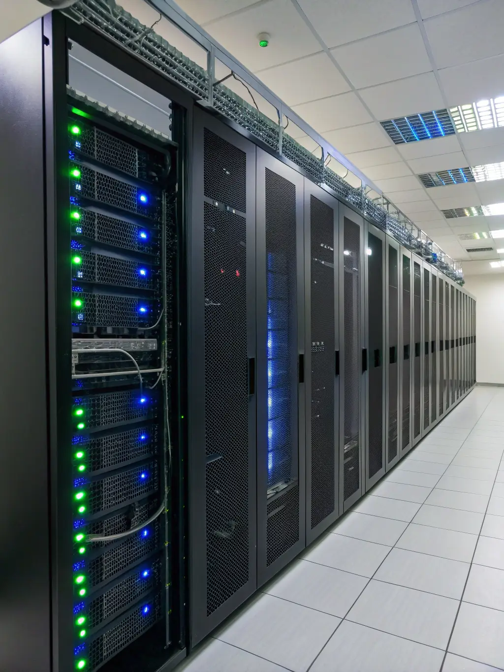 A server room filled with blinking lights and humming servers, symbolizing NimbusTech's robust cloud infrastructure.