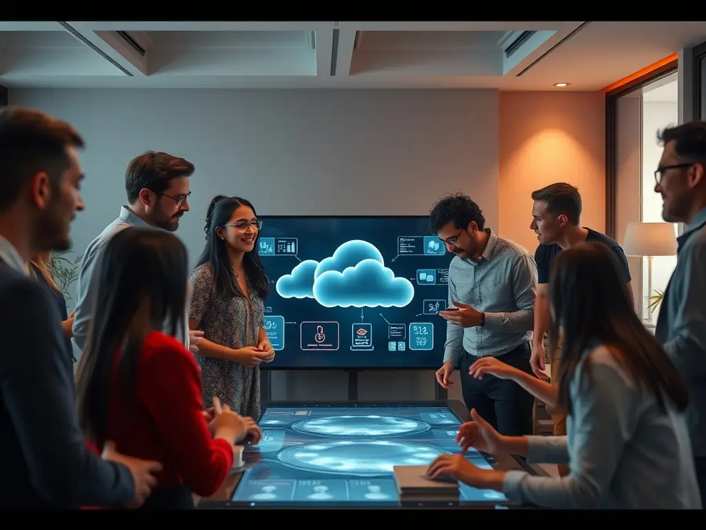 A professional team collaborating on a cloud architecture design, showcasing NimbusTech's expert consulting services.
