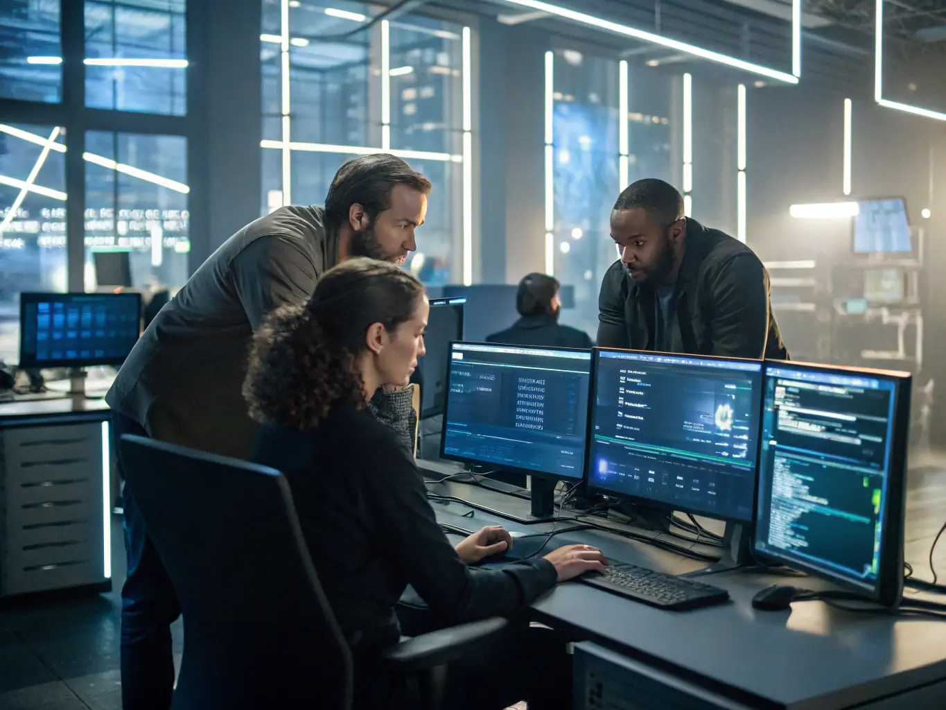 A visual representation of NimbusTech's managed support services, showing a team of IT professionals monitoring and maintaining a client's cloud infrastructure.