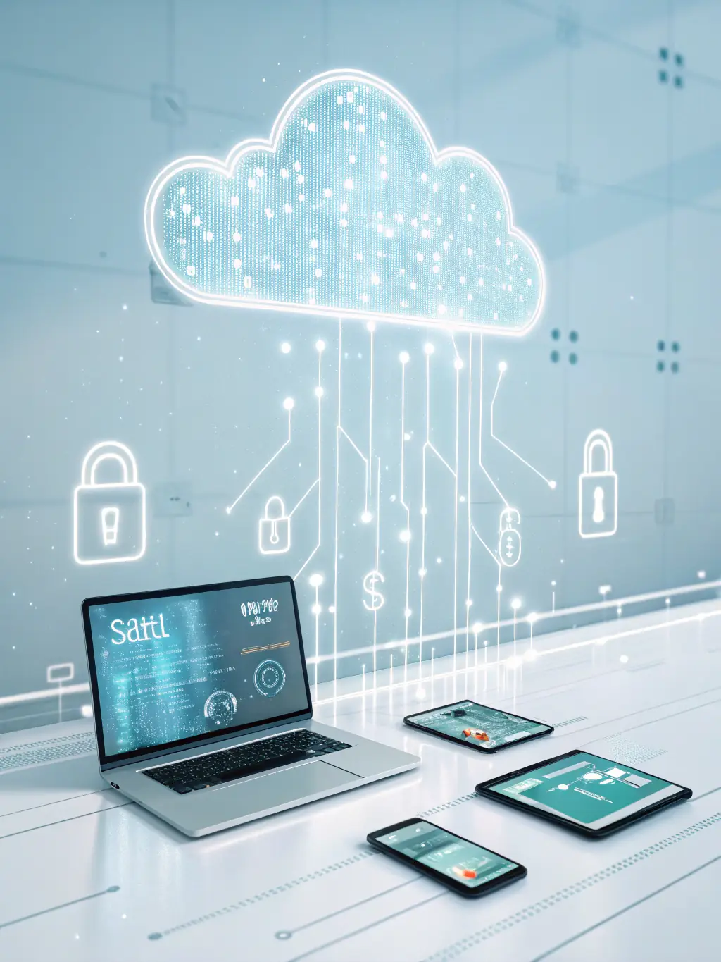 A digital illustration of data flowing securely between devices and a cloud icon, symbolizing secure data transfer.